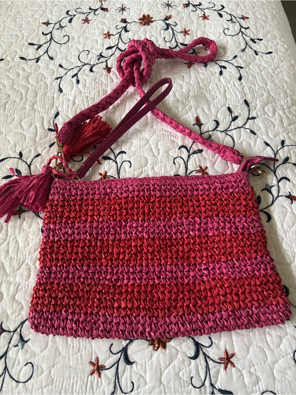 Jjill Pink & Red Straw Crossbody Bag